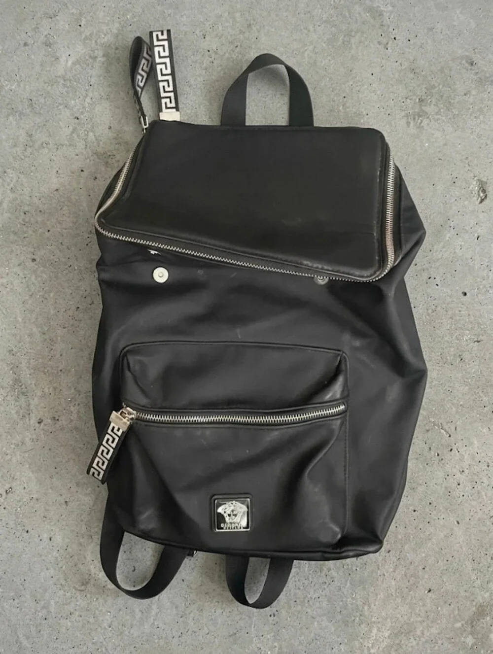Versace Parfums, Black Unisex Backpack with Silver Hardware